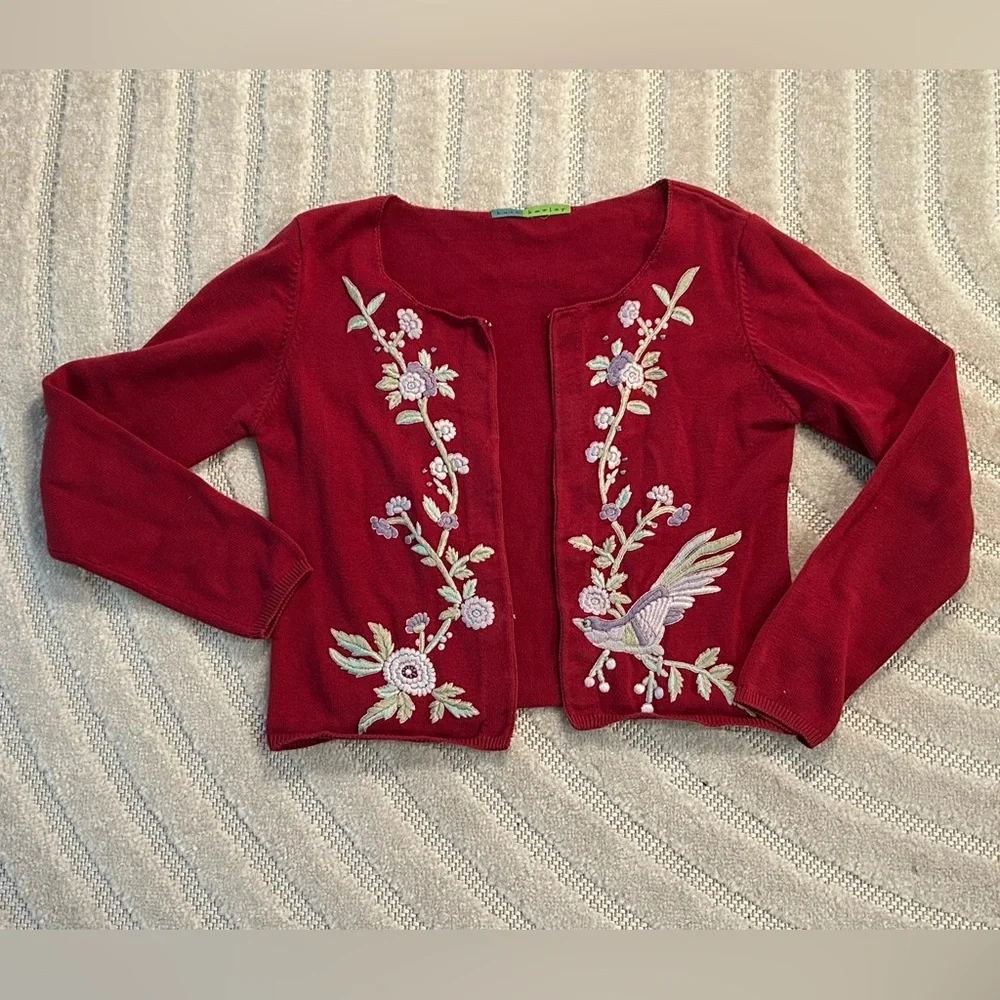 Vintage Embroidered Floral Birds Red Spring Cardigan - S